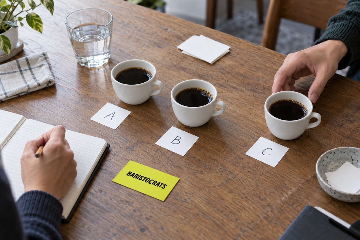 Drie kopjes koffie met kaartjes A, B en C op een houten tafel, naast een geel Baristocrats-kaartje.
